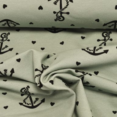 French Terry Stoff schwarze Anker und Herzen auf Minze French Terry Stoff schwarze Anker und Herzen auf Minze