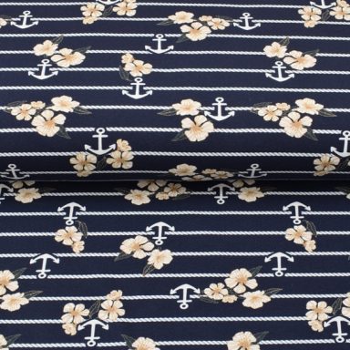 French Terry Stoff marineblau Blütenanker mit Tauen French Terry Stoff marineblau Blütenanker mit Tauen