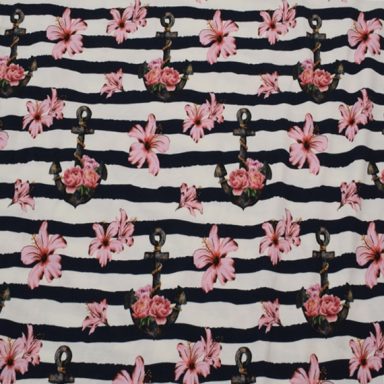 Baumwolljersey mit Blüten und Ankern blau weiß gestreift Baumwolljersey mit Blüten und Ankern blau weiß gestreift