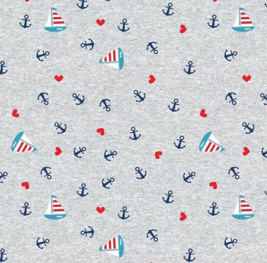 grauer Baumwolljersey Segel-Boote Anker, Herzen grauer Baumwolljersey Segel-Boote Anker, Herzen